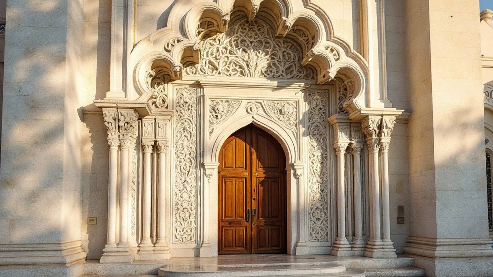 The carved coral-stone facade of Hukuru Miskiy, Malé's old Friday Mosque, late-afternoon light raking across the stone